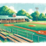 青空のもと、森の中にある小さな野球場を描いたイラストです。木製のベンチが並んだスタンドが内野にのみに設営されています。とてものどかな雰囲気を感じさせてくれる野球場です。