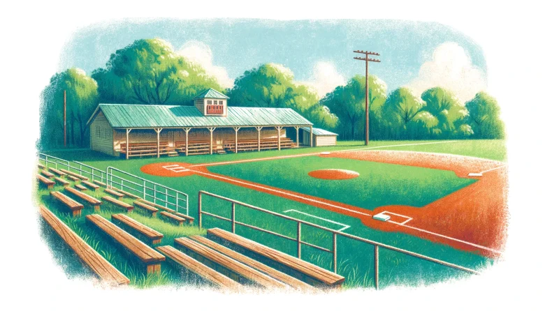 青空のもと、森の中にある小さな野球場を描いたイラストです。木製のベンチが並んだスタンドが内野にのみに設営されています。とてものどかな雰囲気を感じさせてくれる野球場です。