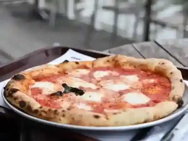 This photo depicts a Margherita pizza, a type of Neapolitan-style oven-baked pizza with tomatoes and mozzarella cheese on top.