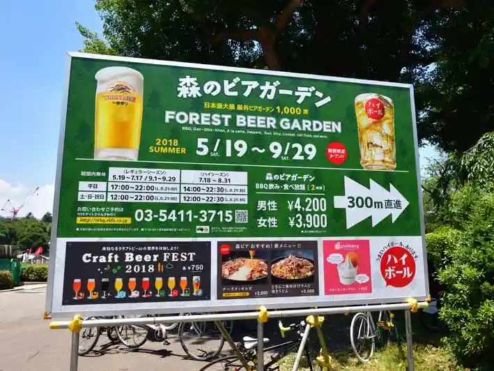 森のビアガーデンの看板です。高さ2m、幅も2mほどの大きさです。背景は緑色で、グラスに注がれた生ビールとハイボールの写真が印刷されています。