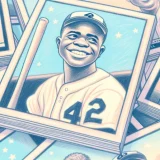 背番号42のユニホームを着た野球選手が、笑いながらバットを構える姿を描いた野球カードのイラストです。