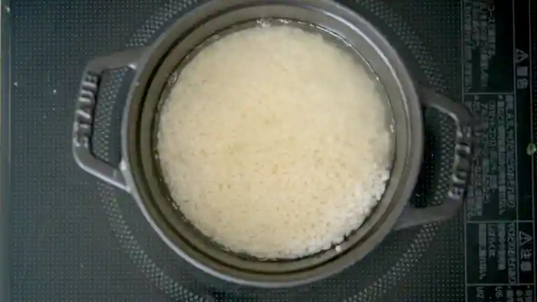 米1合と水180ｍLが入った鍋の写真です。鍋は「STAUB（ストウブ）」鍋です。黒くて丸い鋳鉄製の鍋で、直径が14cm、高さが10cmです。