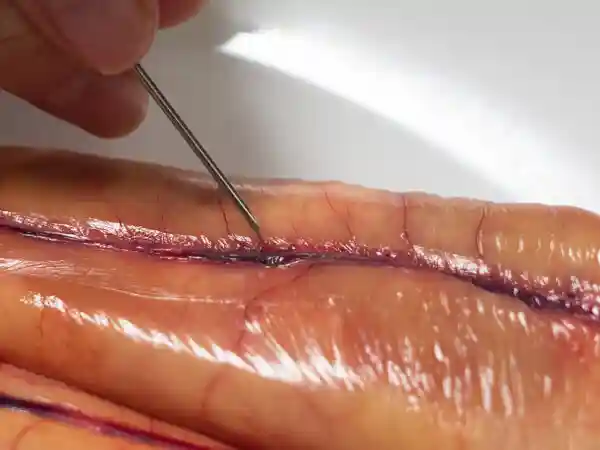 ボラの卵の血管に針で穴を開けている写真です。血管に針を刺すと血液が出てきます。