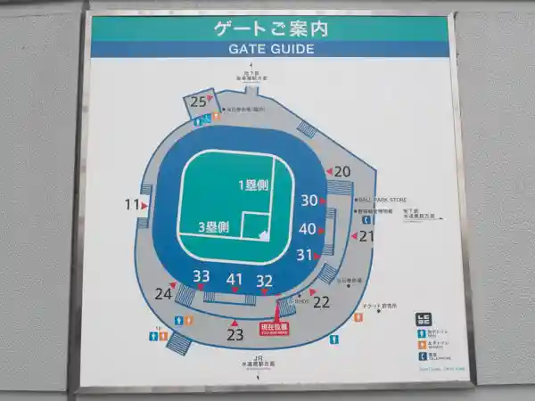 東京ドームのゲート案内板の写真です。グッズ売り場は案内図の真上です。行列の最後尾は案内図の真下にあるゲート32まで達しています。
