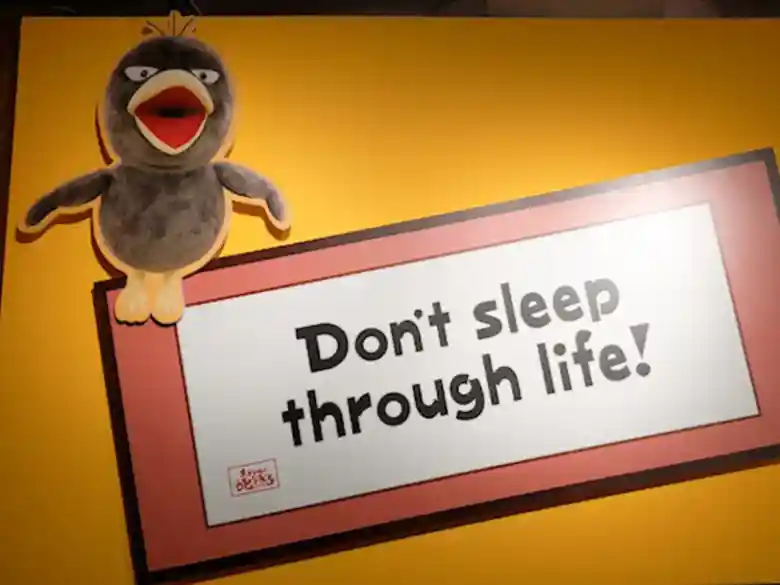 「Don’t sleep through life！」とキョエちゃんが叫んでいる看板の写真です。