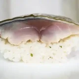 さば寿司の断面の写真です。表層から昆布、千枚漬け、しめ鯖、すし飯が層になっています。しめ鯖は肉厚で厚さは2cmです。