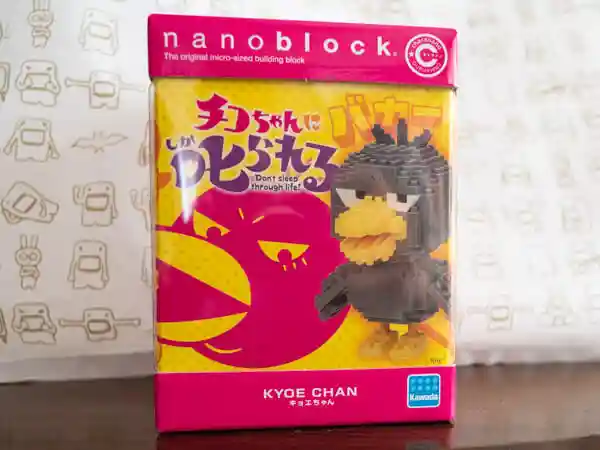 キョエちゃんのナノブロックのパッケージの写真です。表にはバカーと叫んでいるキョエちゃんの絵が描かれています。