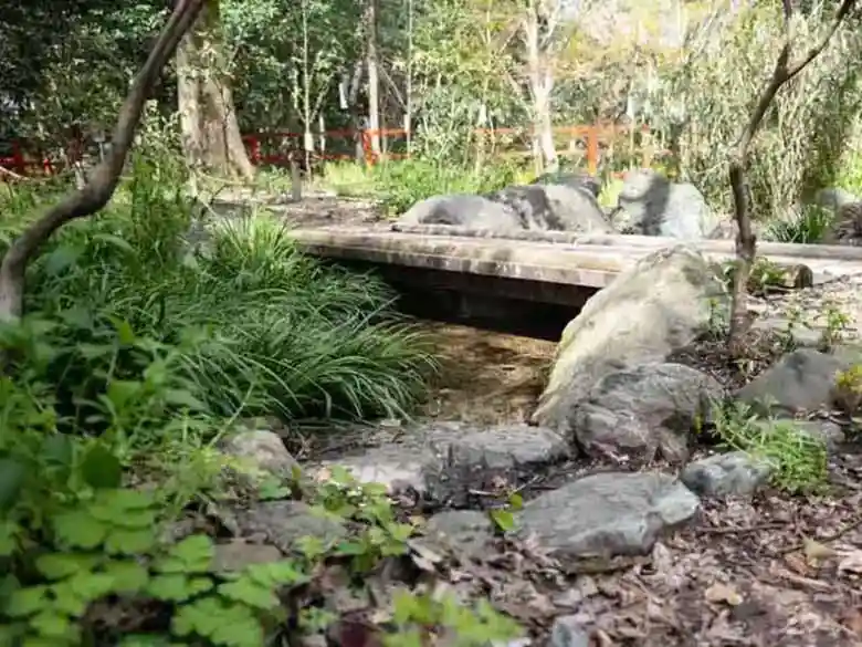 下鴨神社の糺の森を流れる小川にかかった石橋の写真です。小川の水は澄んでいます。この橋を渡って西へ進むと石村亭があります。