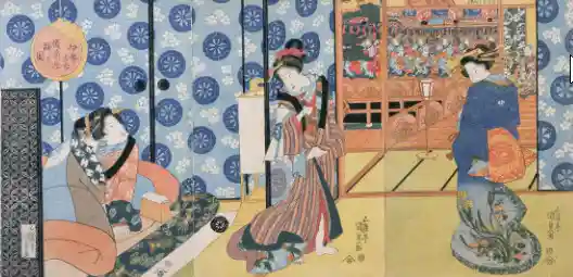 江戸時代に古市を代表する妓楼であった備前屋を描いた浮世絵です。名物であった伊勢音頭の総踊りの様子が華やかに描かれています。