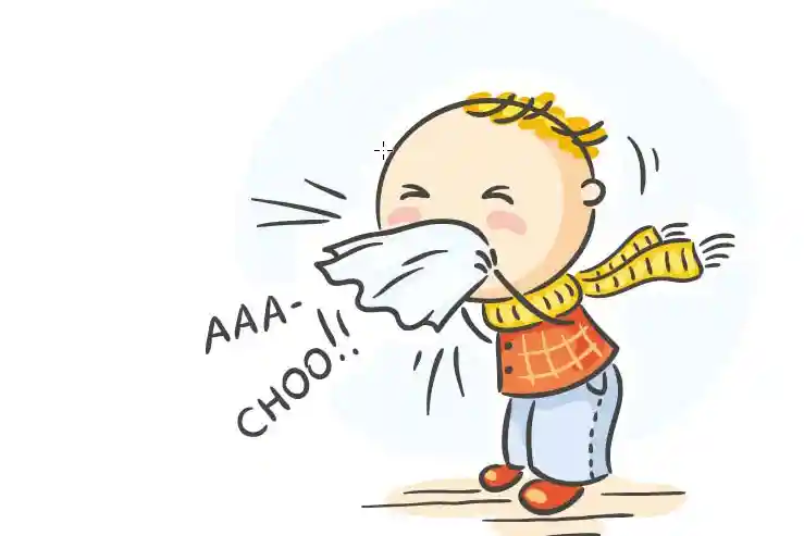 インフルエンザにかかって、くしゃみをしている子供のイラストです。