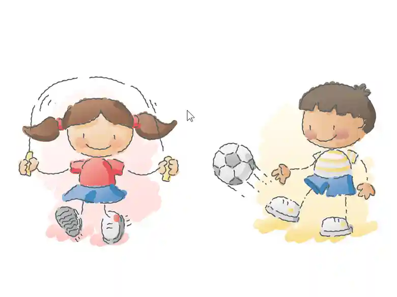縄跳びをしている女の子と、サッカーをしている男の子のイラストです。