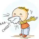 風邪をひいて、くしゃみをしている男の子のイラストです。男の子はマフラーをしてハンカチで鼻をおおっています。