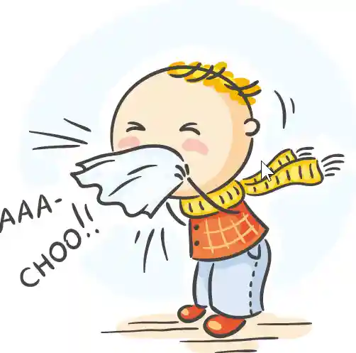 風邪をひいて、くしゃみをしている男の子のイラストです。男の子はマフラーをしてハンカチで鼻をおおっています。