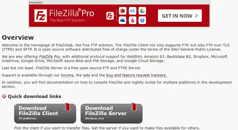 FTPクライアントソフト「FileZilla」のホームページの写真です。