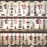 錦天満宮に掲げられた提灯の写真です。提灯には錦市場にあるお店の名前が書かれています