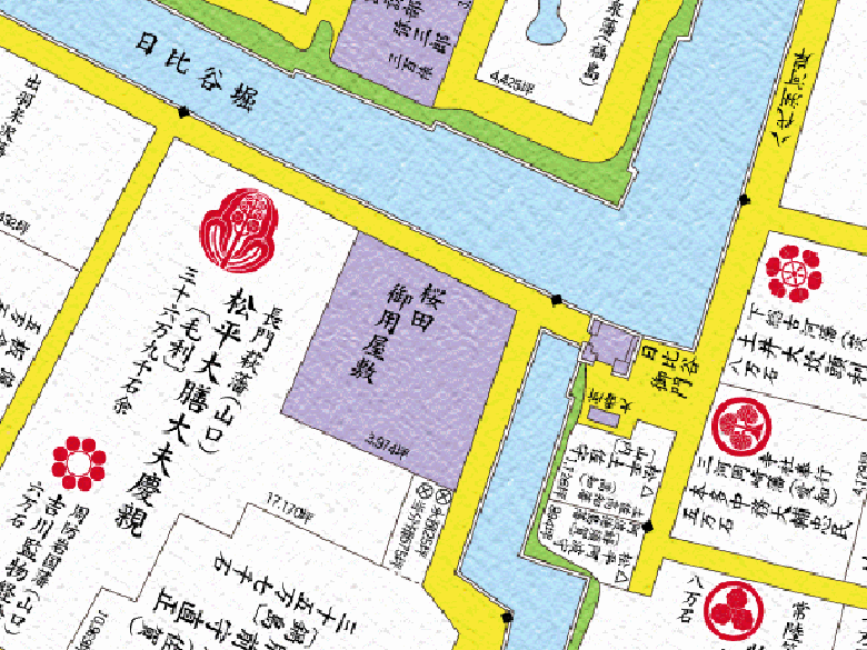 江戸時代の地図の画像です。日比谷壕と日比谷御門が描かれています。