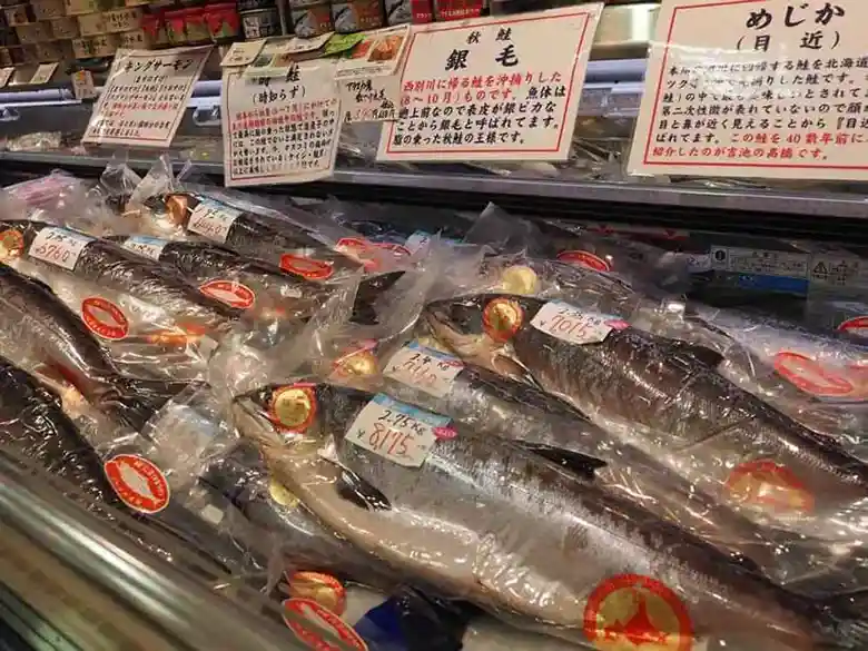 吉池ビル地下1階の魚の鮭売り場の様子です。2枚目の写真です。1m程の大きさの鮭が丸ごと売られています。