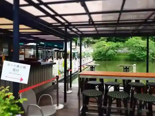 This photo displays the Boat Deck at the Canal Cafe, featuring tables and chairs facing the Ushigome moat.