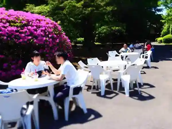 This photo shows white tables and chairs set up outside to the left of the main gate. A man and a woman are shown eating lunch purchased from the museum store.