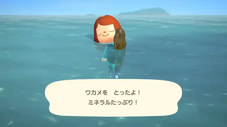 任天堂の「あつまれどうぶつの森」のゲーム画面の写真です。マリーンスーツを着た女の子が海に浮いています。ワカメを持った左手を前に突き出しています。画面の下方に「ワカメをとったよ！ミネラルたっぷり！」と文字が出ています。