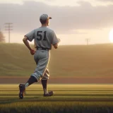 夕方の野球場で、背番号51のグレーのユニホームを着た細身の野球選手が一人でランニングしているイラストです。