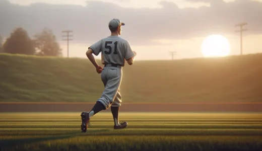 夕方の野球場で、背番号51のグレーのユニホームを着た細身の野球選手が一人でランニングしているイラストです。