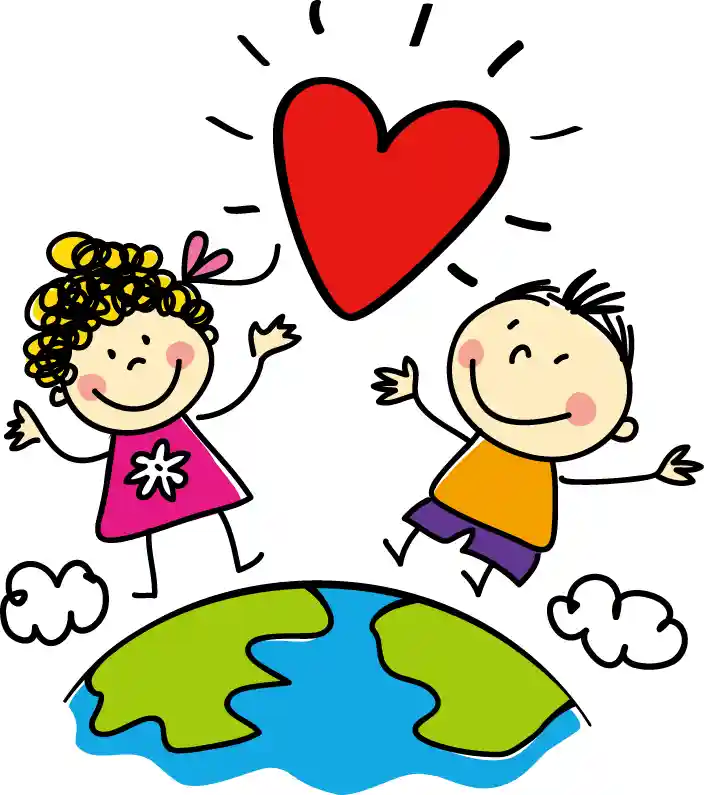 男の子と女の子が微笑みながら地球の上でジャンプをしているイラストです。二人の間には体と同じぐらいの大きさの赤いハートが浮かんでいます。