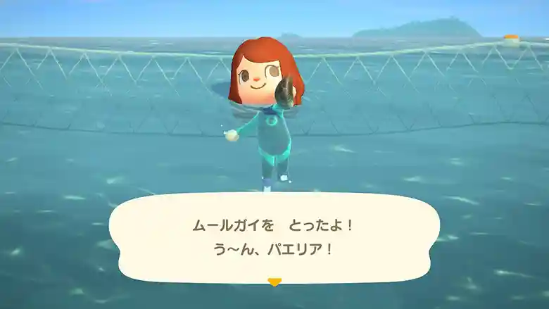 任天堂の「あつまれどうぶつの森」のゲーム画面の写真です。マリーンスーツを着た女の子が海に浮いています。ムール貝を持った左手を前に突き出しています。画面の下方に「ムールガイをとったよ！う～ん、パエリア！」と文字が出ています。