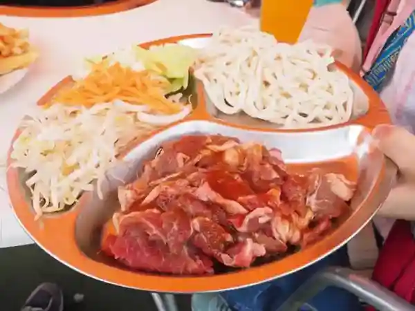 This photo shows the ingredients for a dish called Hokkaido Style Seasoned Lamb and Fried Udon Noodles. The plate includes lamb, vegetables, and udon noodles.