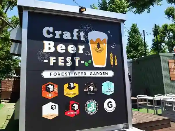 This photograph depicts a beer garden sign introducing various craft beers. The sign is a blackboard approximately 2 meters in length and width, with an illustration of a beer glass and the logos of eight different craft beers displayed on it.
