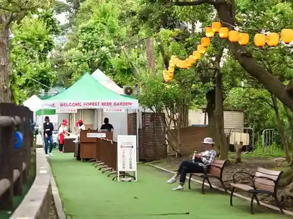 This photo shows the reception area of Forest Beer Garden. To find it, enter the entrance and walk through the trees to the right until you see a tent with a green roof. Under this tent is the reception desk. Guests with reservations should go to the left, while those without reservations should go to the right.