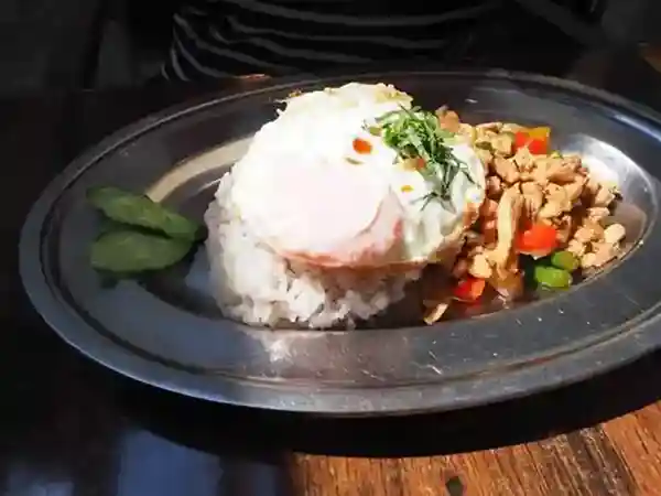 This photograph showcases the No. 1 Popular Tokyo 36 Rice with Japanese Chicken, served on a silver plate. The dish is topped with a fried egg.