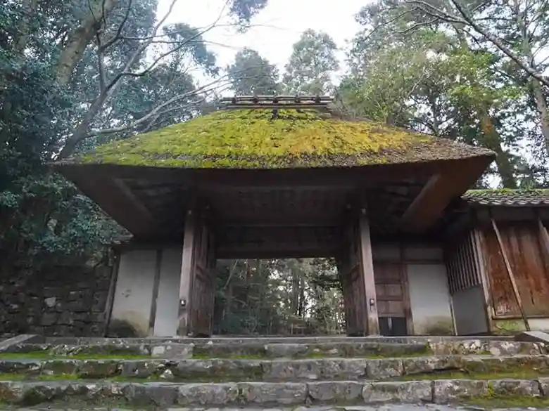This picture shows the gate of Honen-in. Green moss covers the roof.