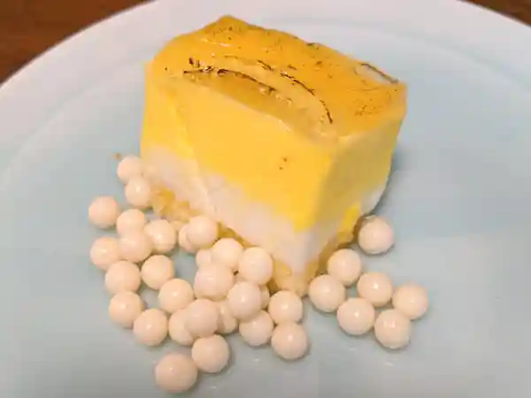 薄い水色の皿に取り分けたパインココナッツムースの写真です。パインココナッツムースは下段が白色、上段が黄色です。周りには径が1cm程のホワイトチョコレートが敷きつめられています。