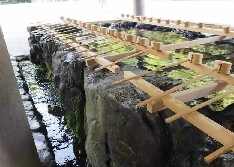 This photo shows the purification fountains of the Geku at Ise Grand Shrine. Before entering the main shrine, visitors purify their hands and mouths with water from the dipper shown in the photo.