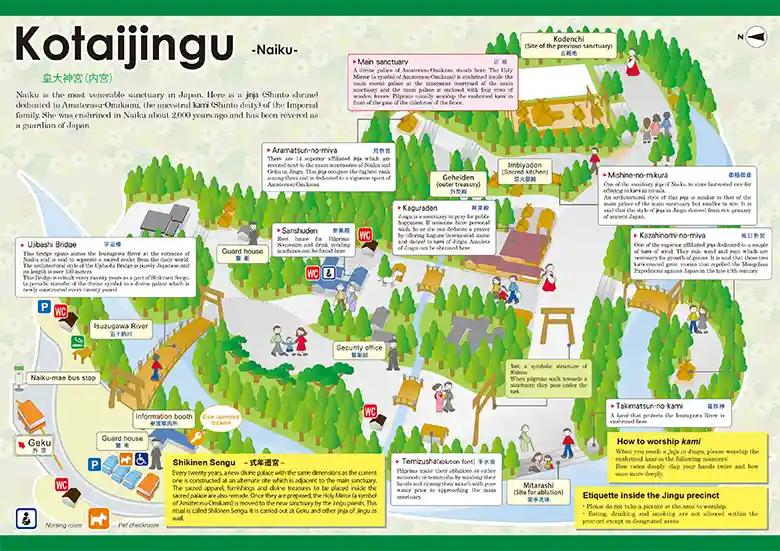 This illustration is a map of the Naiku shrine at Ise Grand Shrine. The title "Kotaijingu -Naiku-" is written in the upper left corner. This map shows that the Isuzu River flows through the Naiku grounds, and many trees are planted.