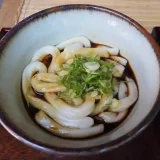 This picture shows a bowl of Ise udon noodles. The noodles are thick and covered in tamari soy sauce instead of soup. The only topping is some sliced green onions for flavor.