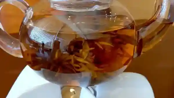 This photo depicts flowering tea in a clear glass pot. The tea leaves are unfurling in the pot, resembling flowers. The tea is warmed using a candle placed underneath the pot.