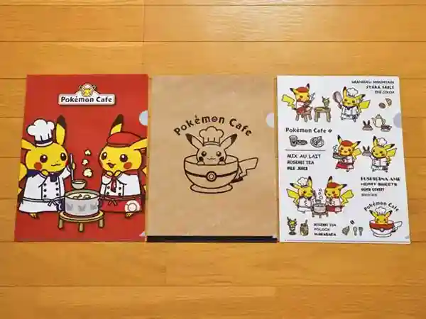 This picture displays three Pikachu clear files, exclusively available at the Pokemon Cafe. The clear files depict Pikachu cooking.