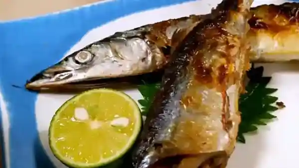 This picture depicts grilled saury sliced down the middle of the body. The skin is crispy and lightly charred.