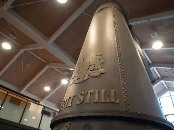 This photo shows a pot still on display at the Whiskey Museum at Suntory's Yamazaki Distillery.