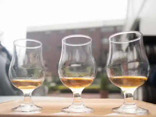 This picture shows three kinds of whiskies ordered at the tasting counter in the Whisky Museum of Suntory Yamazaki Distillery. I ordered the long-aged whiskey experience set, with the whiskeys poured into three glasses. From left to right: "Hakushu, 18 years old", "Yamazaki, 18 years old", and "Hibiki, 21 years old".