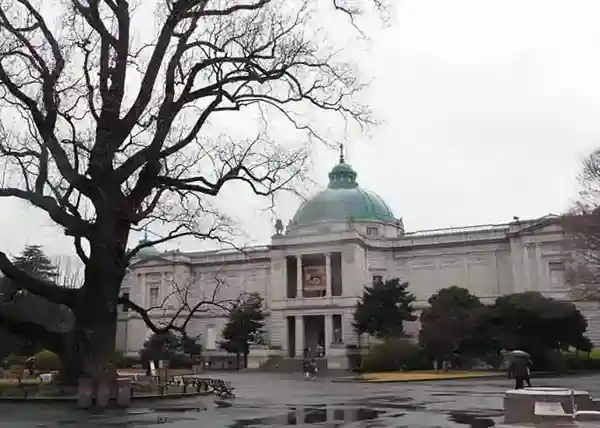 This picture shows the Hyokeikan of the Tokyo National Museum. It is a neo-baroque building with beautiful greenish-blue roofs in the center and on both sides.