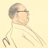 谷崎潤一郎の肖像画です。右を向いた横顔が描かれています。眼鏡をかけた谷崎潤一郎は着物を着ています。谷崎潤一郎『雪後庵夜話』中央公論社、昭和42年の挿画を引用しています。