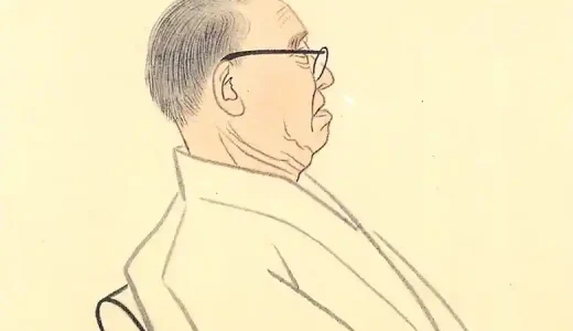 谷崎潤一郎の肖像画です。右を向いた横顔が描かれています。眼鏡をかけた谷崎潤一郎は着物を着ています。谷崎潤一郎『雪後庵夜話』中央公論社、昭和42年の挿画を引用しています。