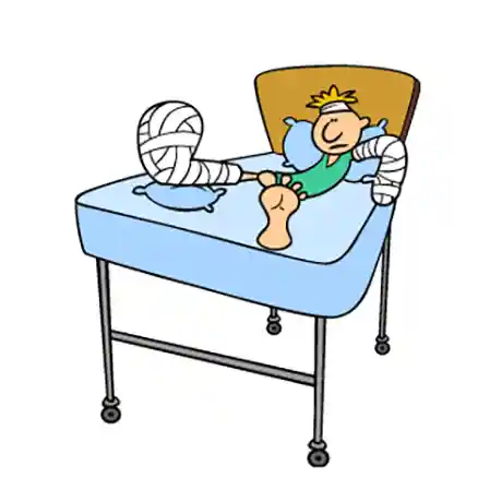 骨折した男性のイラストです。右足と左手にギプスを巻き、頭には包帯をしてベッドに横たわっています。