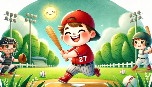 少し太り気味の男の子が野球をしています。彼は赤いユニフォームを着ています。帽子とストッキングも赤色です。背番号は27です。ニコニコ笑っていて、とても楽しそうに野球をしています。