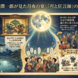 この夜の宴をインフォグラフィックで描写しました。池に張り出した舞台のような座敷における無礼講の祝宴を静か月が照らしています。