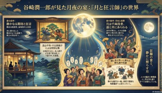 この夜の宴をインフォグラフィックで描写しました。池に張り出した舞台のような座敷における無礼講の祝宴を静か月が照らしています。