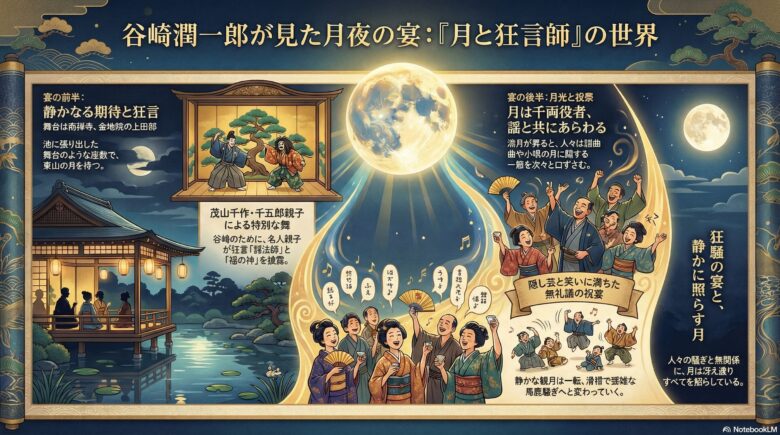 この夜の宴をインフォグラフィックで描写しました。池に張り出した舞台のような座敷における無礼講の祝宴を静か月が照らしています。